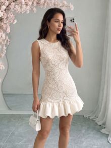 Rafferiza Váy mini nữ thanh lịch màu trắng, họa tiết ren, cổ tròn, eo chun, dáng bodycon phối ghép, gấu váy trơn, mặc đi làm mùa hè - trắng - Xem 1