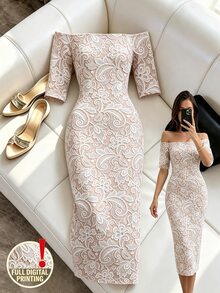 Rafferiza Women's Summer Embossed Lace Print Off-Shoulder Bodycon Dress, Gentle Elegant French Style For Dinner Party - Multicolor - View 6