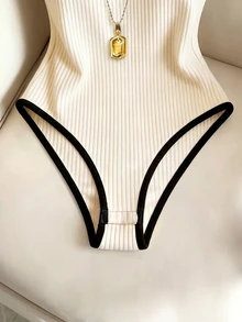 SHEIN Raffinéa 女款交叉掛脖連身衣，杏色拼色黑白，夏季時尚度假海灘裝，Y2K風格優雅派對穿搭 - 杏色 - 查看 7