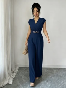 Rafferiza 女士优雅交叉V领蝙蝠袖短袖收腰阔腿连体裤，后背系带，樱桃红，适合春夏场合、派对、通勤 - 藏蓝色 - 查看 5