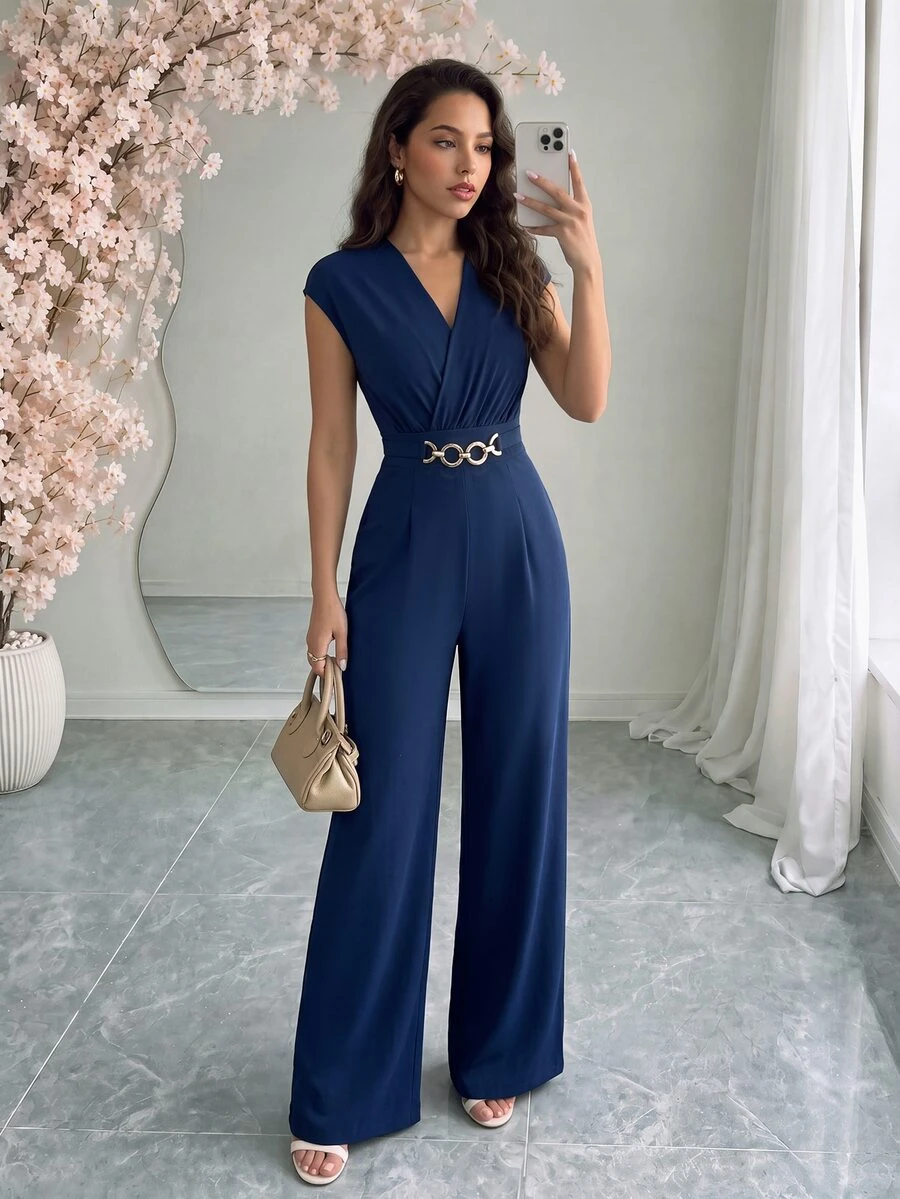 Rafferiza 女士优雅交叉V领蝙蝠袖短袖收腰阔腿连体裤,后背系带,樱桃红,适合春夏场合、派对、通勤 - 藏蓝色 - 查看 1