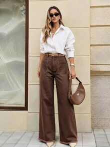 Selenza Celana Jeans Denim Kasual Longgar Potongan Lurus dengan Desain Saku untuk Wanita Ukuran Plus - Coffee Brown - View 9