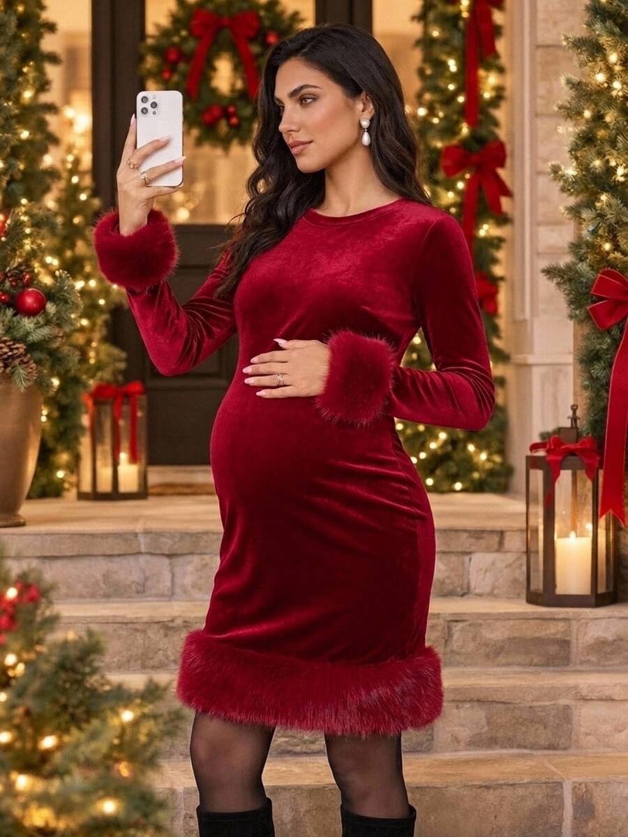 SHEIN Maternity Solid Color Round Neck Long Sleeve Patchwork Fur Trim Slim Fit Elegant Dress Deer Winter Coat Christmas Burgundy Dress Red Dress Fall New Ye - Red - View 1
