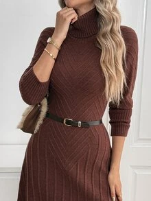 Breezaya Women's Autumn New Arrival Single Piece High Neck Slim Fit Short Length Elegant Lady Date Versatile Daily Commute Fashion Personalized Solid Color Coffee Brown Knit Pullover Long Sleeve Sweater Dress - Coffee Brown - View 7