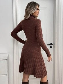 Breezaya Women's Autumn New Arrival Single Piece High Neck Slim Fit Short Length Elegant Lady Date Versatile Daily Commute Fashion Personalized Solid Color Coffee Brown Knit Pullover Long Sleeve Sweater Dress - Coffee Brown - View 2