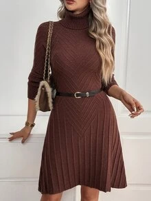 Breezaya Women's Autumn New Arrival Single Piece High Neck Slim Fit Short Length Elegant Lady Date Versatile Daily Commute Fashion Personalized Solid Color Coffee Brown Knit Pullover Long Sleeve Sweater Dress - Coffee Brown - View 1