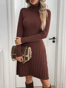 Breezaya Women's Autumn New Arrival Single Piece High Neck Slim Fit Short Length Elegant Lady Date Versatile Daily Commute Fashion Personalized Solid Color Coffee Brown Knit Pullover Long Sleeve Sweater Dress - Coffee Brown - View 6