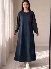 Seusyu بلوزة رياضية بياقة طاقم وطبعات مربعات ملونة - أزرق بحري - مشاهدة 4