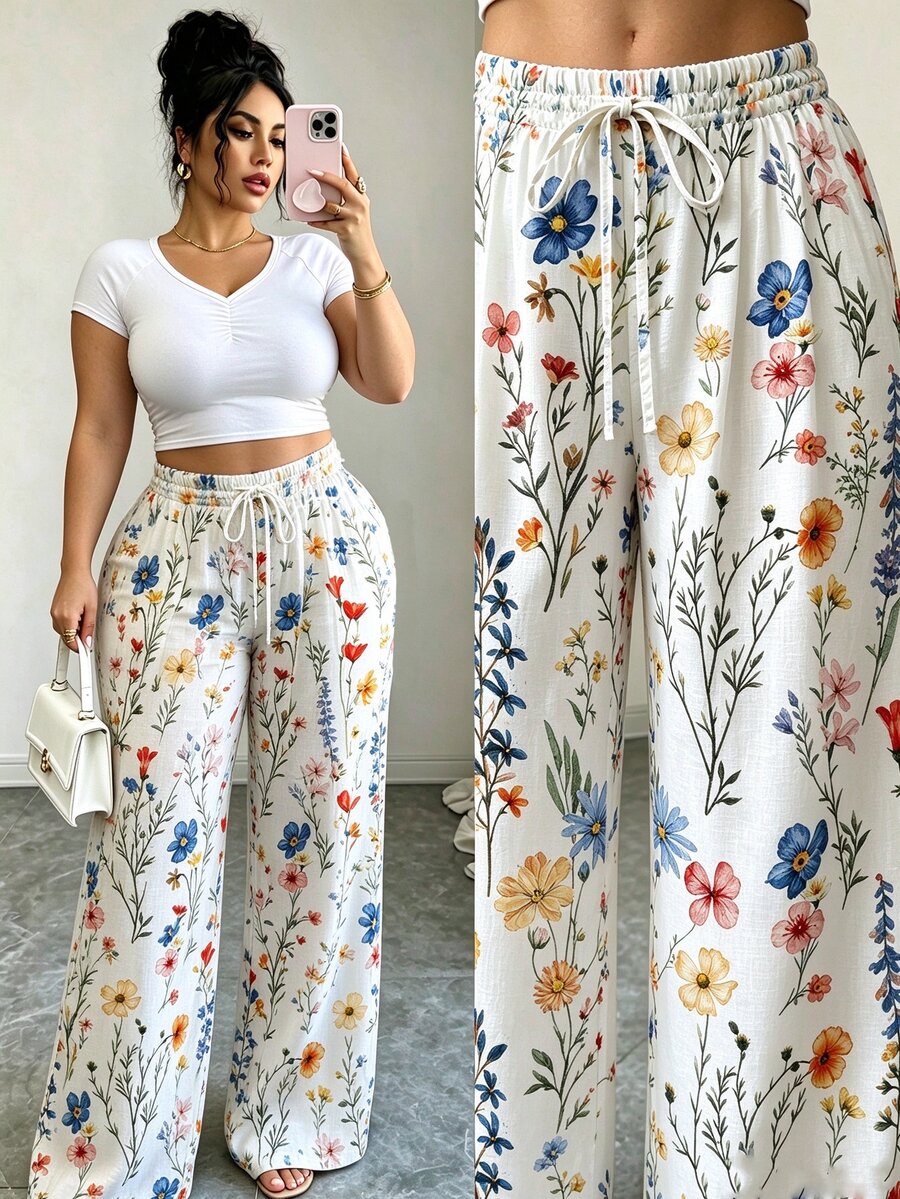 Elenzga Ladies' Fashion Plus-Size Floral Print Loose-Fitting Casual Pants, Stylish Sporty Vacation Style Fall - Multicolor - View 1