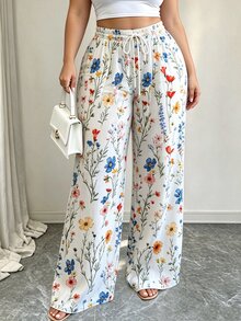 Elenzga Ladies' Fashion Plus-Size Floral Print Loose-Fitting Casual Pants, Stylish Sporty Vacation Style Fall - Multicolor - View 3