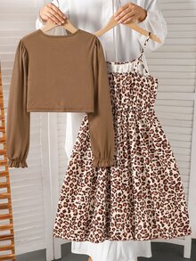 SHEIN Tween Girls 2pcs Outfit Ribbed Knit Bow Cardigan And Floral Cami Dress Set Photoshoot Vacation Brown Beige Fall Family Matching Tropical Formal Cute - Multicolor - View 2