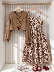 SHEIN Tween Girls 2pcs Outfit Ribbed Knit Bow Cardigan And Floral Cami Dress Set Photoshoot Vacation Brown Beige Fall Family Matching Tropical Formal Cute - Multicolor - View 5