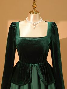 Rometta Plus Size Women's Fashion Elegant 1950s Palace Style Vintage Velvet Waist-Cinching Patchwork 2 In 1 Long Sleeve GownDress Christmas Dinner Night Green - Dark Green - View 4