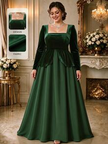 Rometta Plus Size Women's Fashion Elegant 1950s Palace Style Vintage Velvet Waist-Cinching Patchwork 2 In 1 Long Sleeve GownDress Christmas Dinner Night Green - Dark Green - View 3