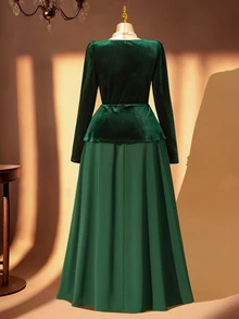 Rometta Plus Size Women's Fashion Elegant 1950s Palace Style Vintage Velvet Waist-Cinching Patchwork 2 In 1 Long Sleeve GownDress Christmas Dinner Night Green - Dark Green - View 2