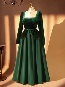 Rometta Plus Size Women's Fashion Elegant 1950s Palace Style Vintage Velvet Waist-Cinching Patchwork 2 In 1 Long Sleeve GownDress Christmas Dinner Night Green - Dark Green - View 1