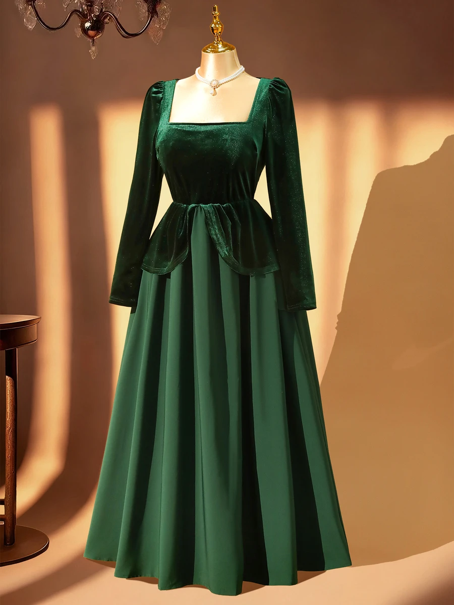 Rometta Plus Size Women's Fashion Elegant 1950s Palace Style Vintage Velvet Waist-Cinching Patchwork 2 In 1 Long Sleeve GownDress Christmas Dinner Night Green - Dark Green - View 1