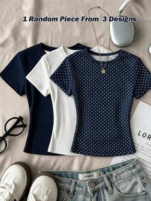 Tween Girl Casual Minimalist Polka Dot Print, Round Neck Waist Gathered Fitted Short Sleeve T-Shirt Suitable For Spring Summer Autumn Winter Y2K, Easy Comfort, Tops, Chill, Polka Dot, Personalized Outfit, Daily Basic Matching - Multicolor - View 1