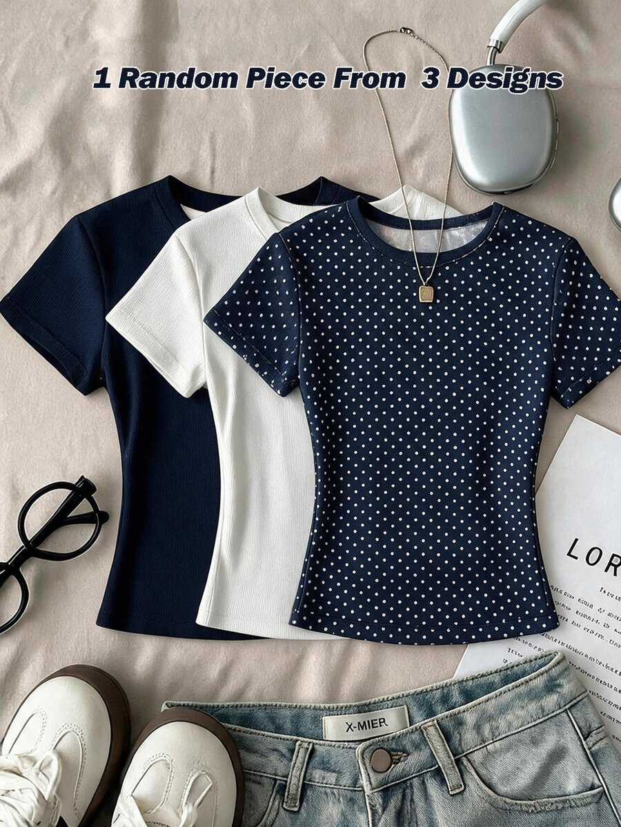 Tween Girl Casual Minimalist Polka Dot Print, Round Neck Waist Gathered Fitted Short Sleeve T-Shirt Suitable For Spring Summer Autumn Winter Y2K, Easy Comfort, Tops, Chill, Polka Dot, Personalized Outfit, Daily Basic Matching - Multicolor - View 1