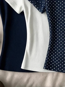 Tween Girl Casual Minimalist Polka Dot Print, Round Neck Waist Gathered Fitted Short Sleeve T-Shirt Suitable For Spring Summer Autumn Winter Y2K, Easy Comfort, Tops, Chill, Polka Dot, Personalized Outfit, Daily Basic Matching - Multicolor - View 5