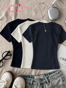 Tween Girl Casual Minimalist Polka Dot Print, Round Neck Waist Gathered Fitted Short Sleeve T-Shirt Suitable For Spring Summer Autumn Winter Y2K, Easy Comfort, Tops, Chill, Polka Dot, Personalized Outfit, Daily Basic Matching - Multicolor - View 2