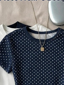 Tween Girl Casual Minimalist Polka Dot Print, Round Neck Waist Gathered Fitted Short Sleeve T-Shirt Suitable For Spring Summer Autumn Winter Y2K, Easy Comfort, Tops, Chill, Polka Dot, Personalized Outfit, Daily Basic Matching - Multicolor - View 3