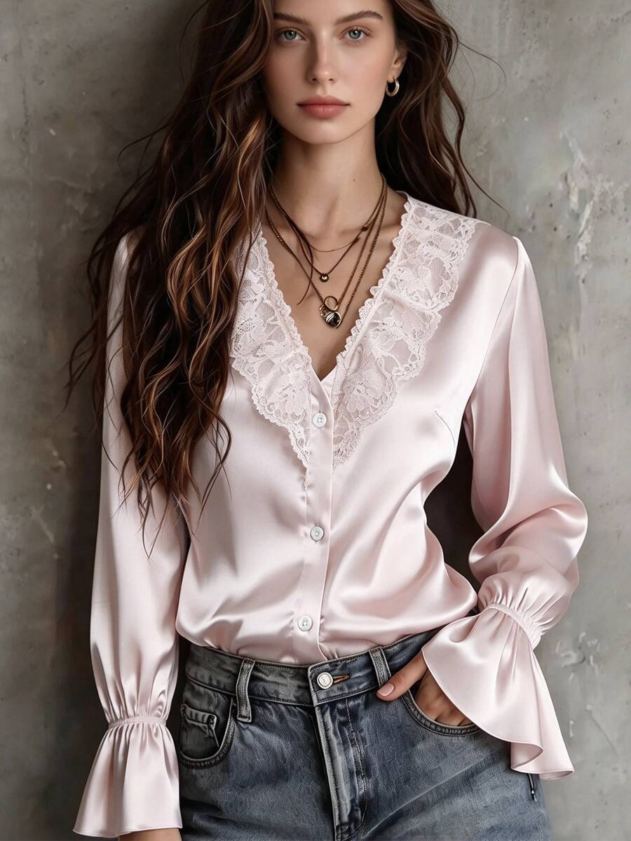 SHEIN 女款秋季法式優雅高端緞面蕾絲飾邊拼接V領長袖休閒襯衫,淺粉色 - 粉色 - 查看 1
