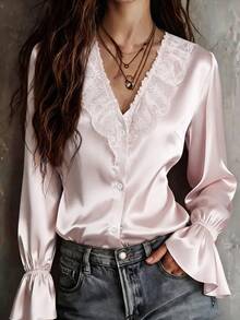 SHEIN 女款秋季法式優雅高端緞面蕾絲飾邊拼接V領長袖休閒襯衫，淺粉色 - 粉色 - 查看 3