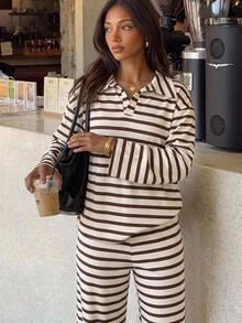 Siren Gaze Women's New Autumn/Winter Polo Collar Striped Shirt - Brown - View 7