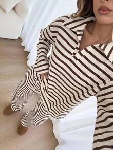 Siren Gaze Women's New Autumn/Winter Polo Collar Striped Shirt - Brown - View 1