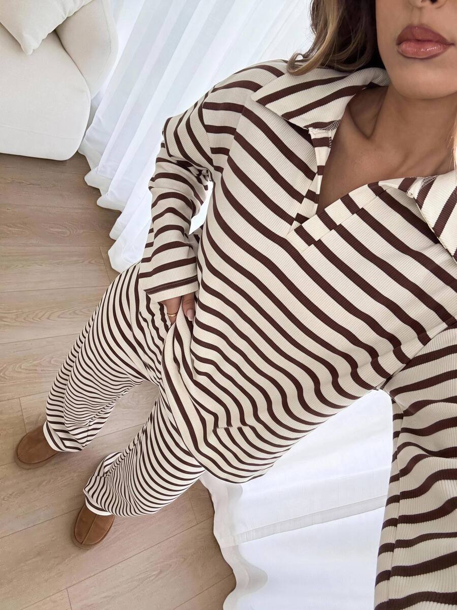 Siren Gaze Women's New Autumn/Winter Polo Collar Striped Shirt - Brown - View 1