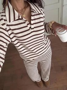 Siren Gaze Women's New Autumn/Winter Polo Collar Striped Shirt - Brown - View 8