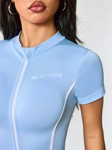 SHEIN Dewbera Women's Casual Fashion Striped Zipper Short Sleeve Short Jumpsuit - Sky Blue - View 4