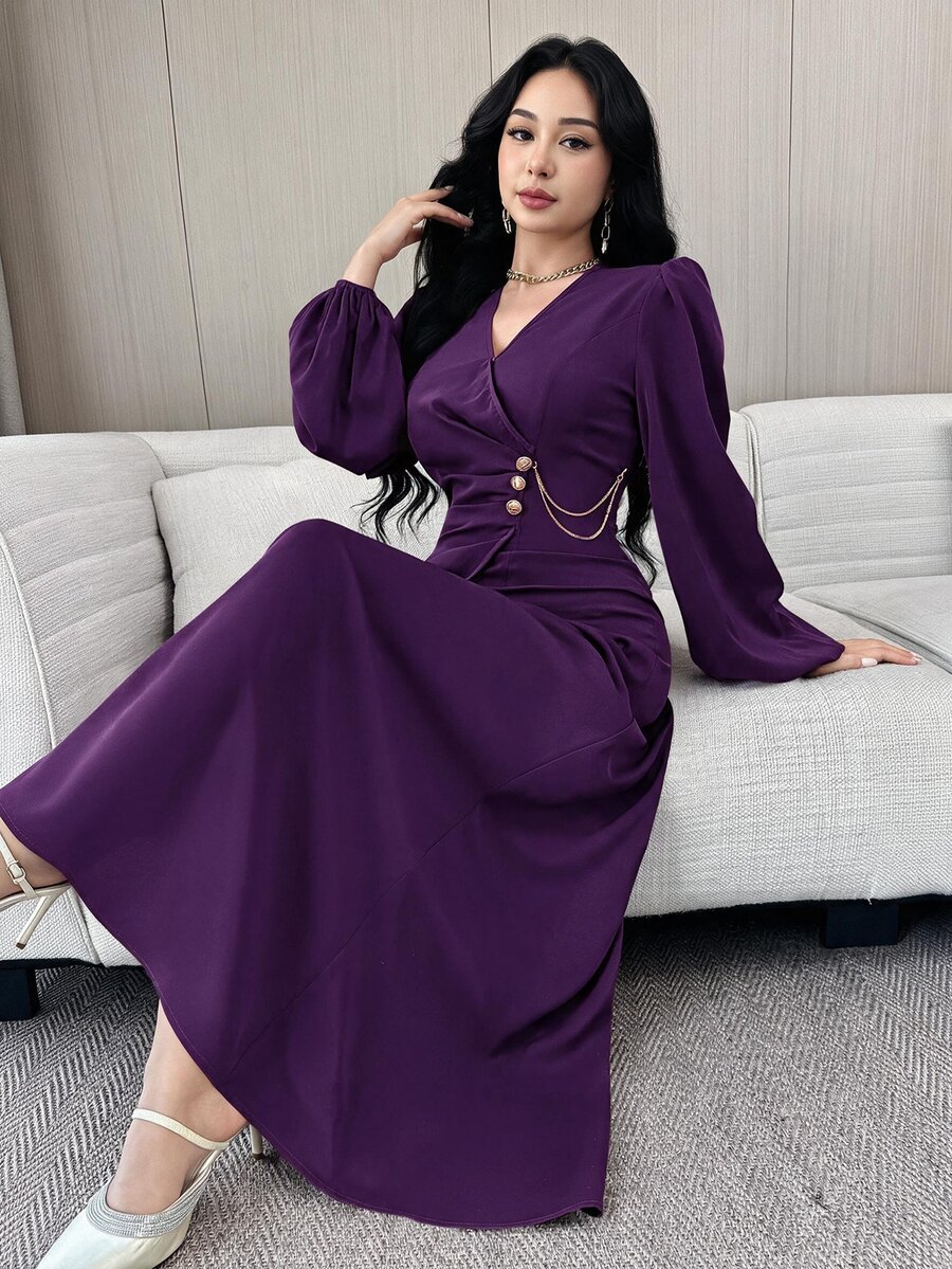 Feyla 女款優雅通勤晚宴長洋裝,金屬裝飾燈籠袖,深紫色,秋季款 - Bold Plum - 查看 1