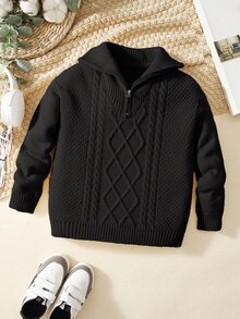 PrepCrw Tween Boys Casual Turndown Collar Half-Zip Up Long Sleeve Knitted Sweater,In Fall/Winter - Black - View 2