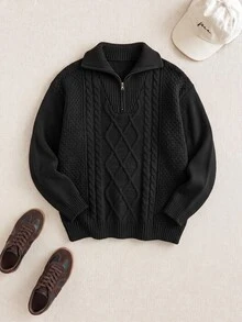 PrepCrw Tween Boys Casual Turndown Collar Half-Zip Up Long Sleeve Knitted Sweater,In Fall/Winter - Black - View 1