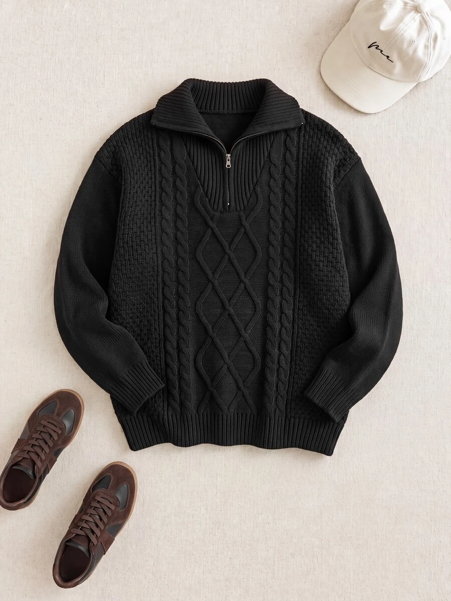 PrepCrw Tween Boys Casual Turndown Collar Half-Zip Up Long Sleeve Knitted Sweater,In Fall/Winter - Black - View 1