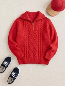PrepCrw Tween Boys Casual Turndown Collar Half-Zip Up Long Sleeve Knit Sweater,In Fall/Winter - Red - View 1