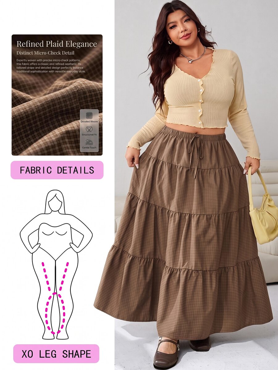 Solflare Plus Size Korean Style Plaid Drawstring Waist Ruffle Hem Skirt Fall - Multicolor - View 1