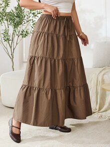 Solflare Plus Size Korean Style Plaid Drawstring Waist Ruffle Hem Skirt Fall - Multicolor - View 5