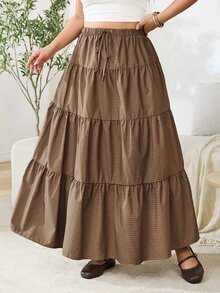 Solflare Plus Size Korean Style Plaid Drawstring Waist Ruffle Hem Skirt Fall - Multicolor - View 4