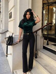 Firerie Summer Ruched Collar Asymmetrical Sleeve Side Cinched Waist Commute Dark Green Bamboo Linen Fabric Women's Shirt, All Season Date Night Party Elegant - Dark Green - View 3