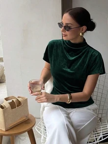 Firerie Summer Ruched Collar Asymmetrical Sleeve Side Cinched Waist Commute Dark Green Bamboo Linen Fabric Women's Shirt, All Season Date Night Party Elegant - Dark Green - View 1