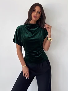 Firerie Summer Ruched Collar Asymmetrical Sleeve Side Cinched Waist Commute Dark Green Bamboo Linen Fabric Women's Shirt, All Season Date Night Party Elegant - Dark Green - View 4