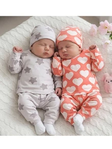 SHEIN Newborn Baby Girls' Heart Shaped & Round Collar Tops And Pants, Star Shaped & Round Collar Tops And Pants Homewear 4pcs/Set - Multicolor - View 1