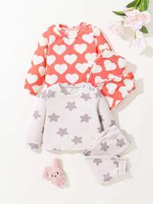 SHEIN Newborn Baby Girls' Heart Shaped & Round Collar Tops And Pants, Star Shaped & Round Collar Tops And Pants Homewear 4pcs/Set - Multicolor - View 2