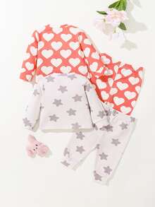 SHEIN Newborn Baby Girls' Heart Shaped & Round Collar Tops And Pants, Star Shaped & Round Collar Tops And Pants Homewear 4pcs/Set - Multicolor - View 3