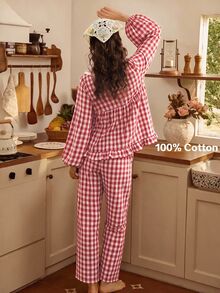 Tulorae Red And White Plaid Lapel Ruffle 100% Pure Cotton Pajama Set, Pastoral Style Woven Printed Loose Lantern Long Sleeve Home Wear Women's 2 Pieces Set - Red and White - View 2