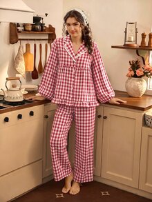 Tulorae Red And White Plaid Lapel Ruffle 100% Pure Cotton Pajama Set, Pastoral Style Woven Printed Loose Lantern Long Sleeve Home Wear Women's 2 Pieces Set - Red and White - View 7
