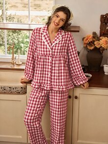 Tulorae Red And White Plaid Lapel Ruffle 100% Pure Cotton Pajama Set, Pastoral Style Woven Printed Loose Lantern Long Sleeve Home Wear Women's 2 Pieces Set - Red and White - View 6